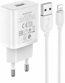 СЗУ USB Borofone BA52A (10.5W, кабель Lightning) Белый от магазина РЭССИ
